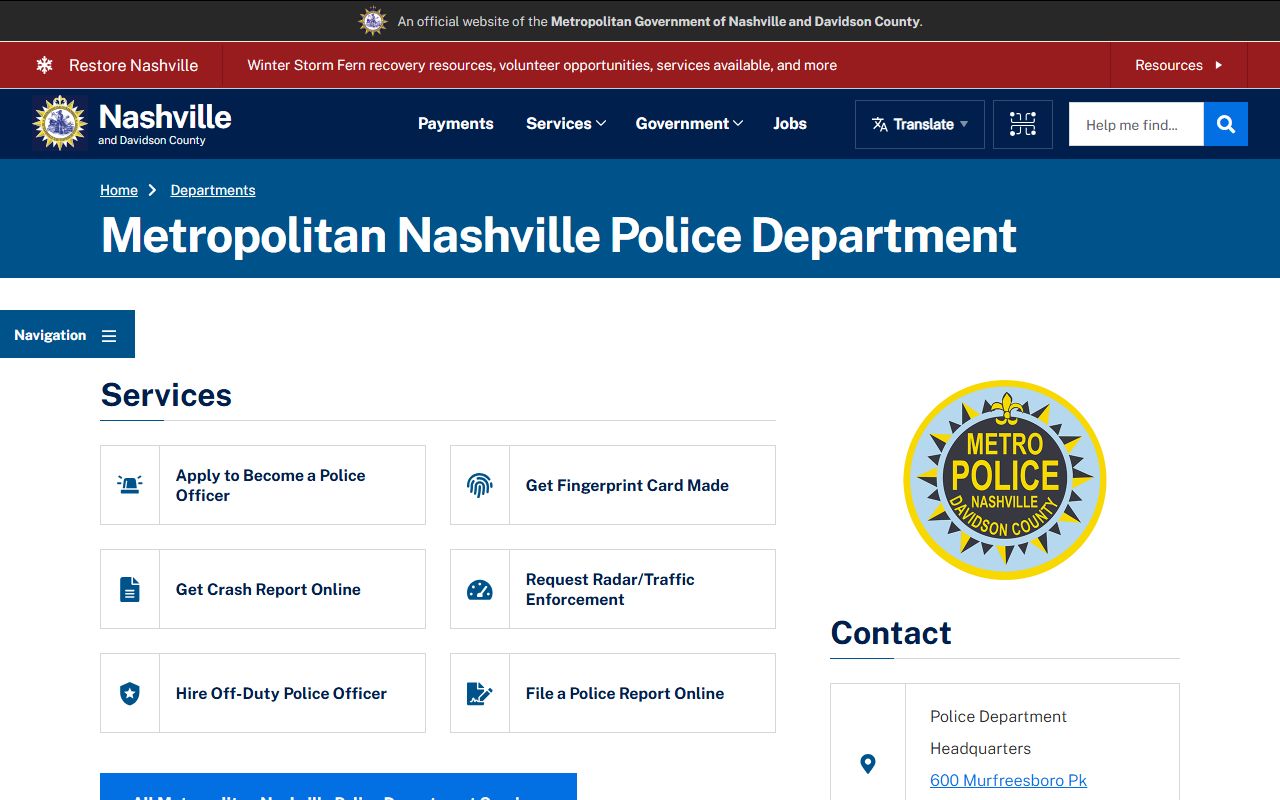 Nashville Police Department bench warrants page