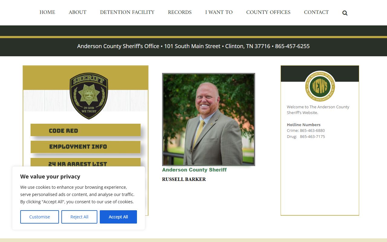 Anderson County Sheriff website bench warrant search tool