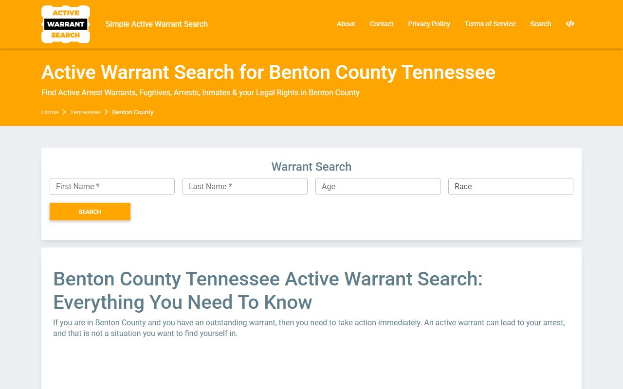 Benton County warrant search page for bench warrants