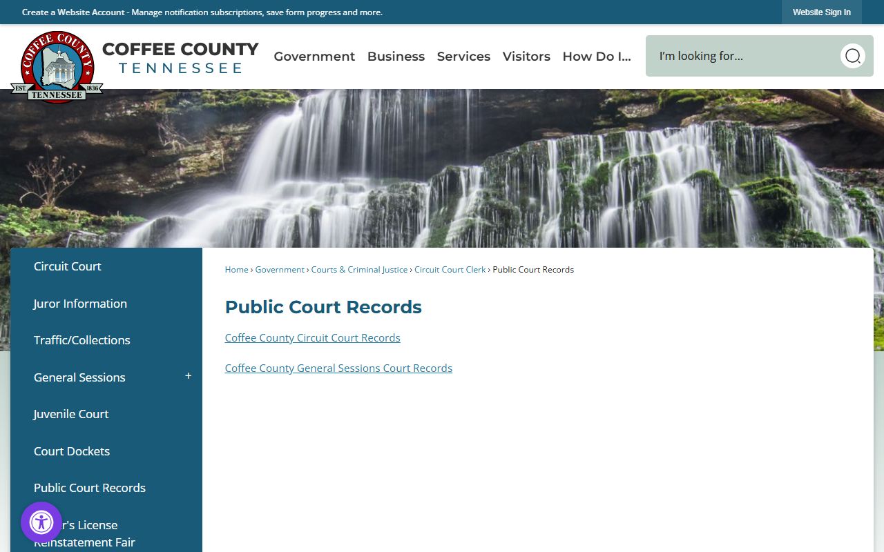 Coffee County Public Court Records page for bench warrant searches