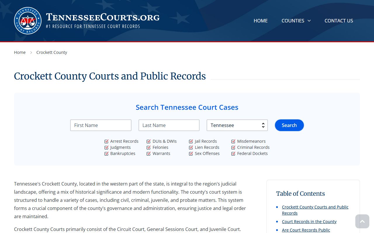 Tennessee Courts Crockett County information page for bench warrants