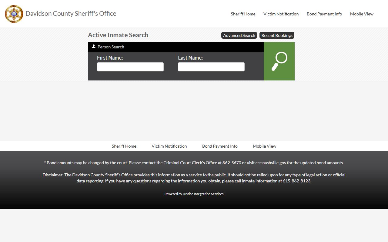 Davidson County Sheriff inmate search portal for bench warrants