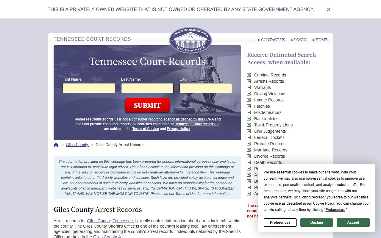 Giles County arrest records information for bench warrants
