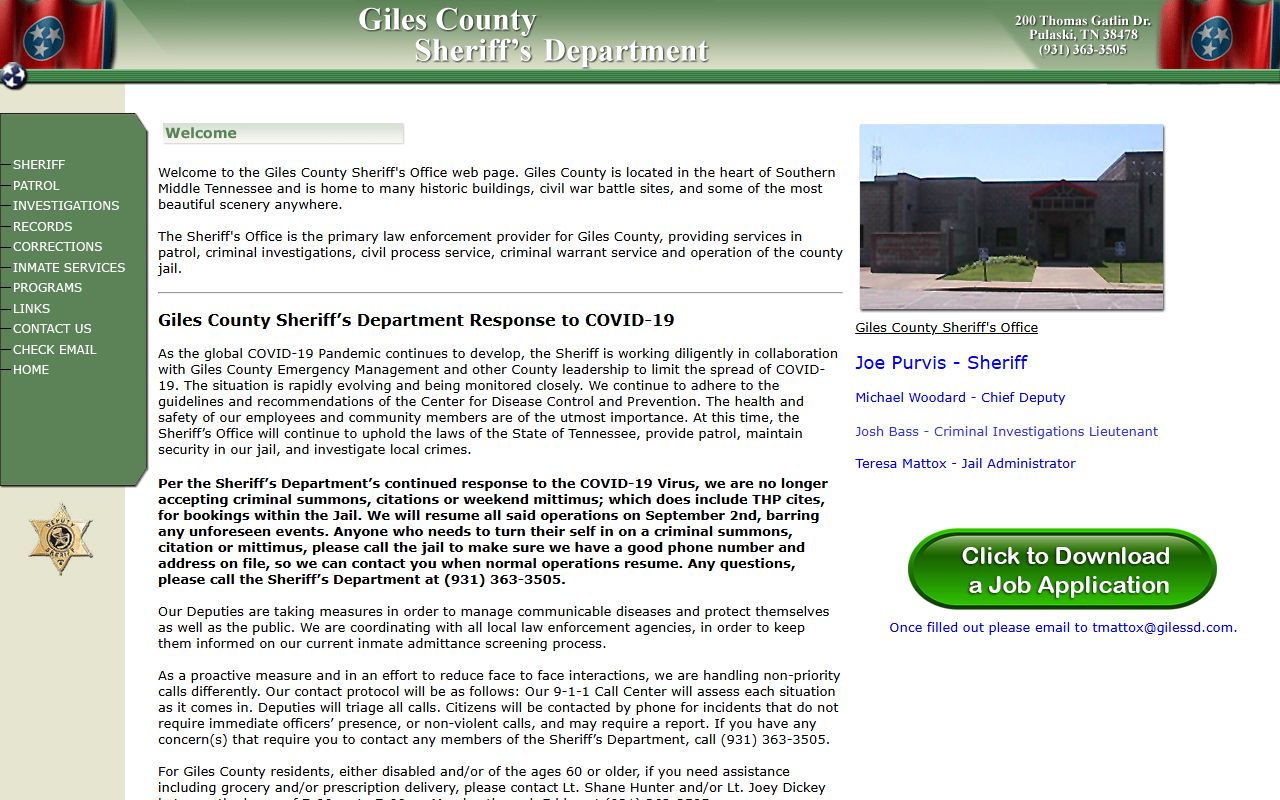 Giles County Sheriff's Office website for bench warrants
