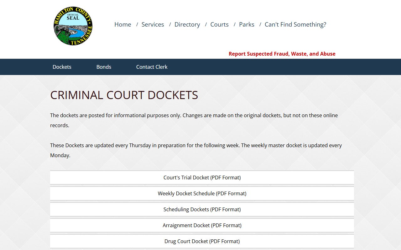 Hamilton County Criminal Court docket page