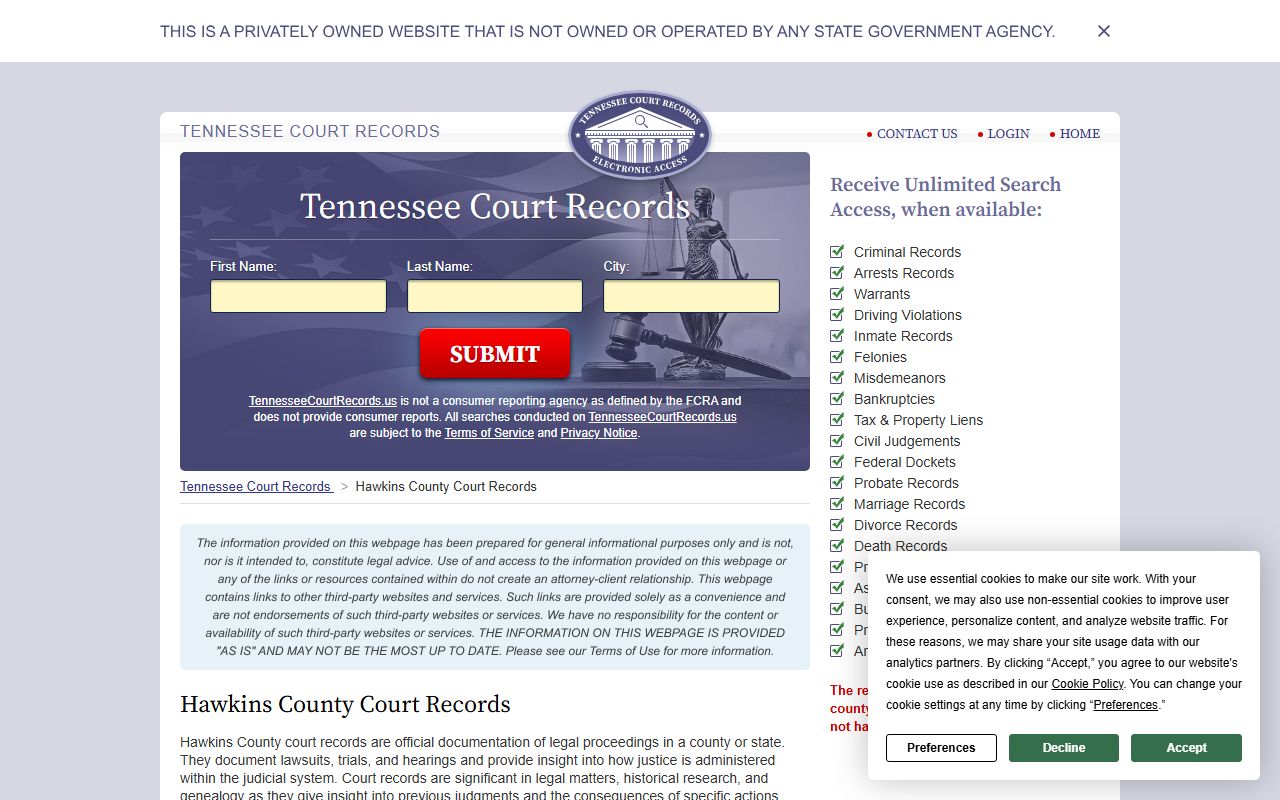 Hawkins County court records information page