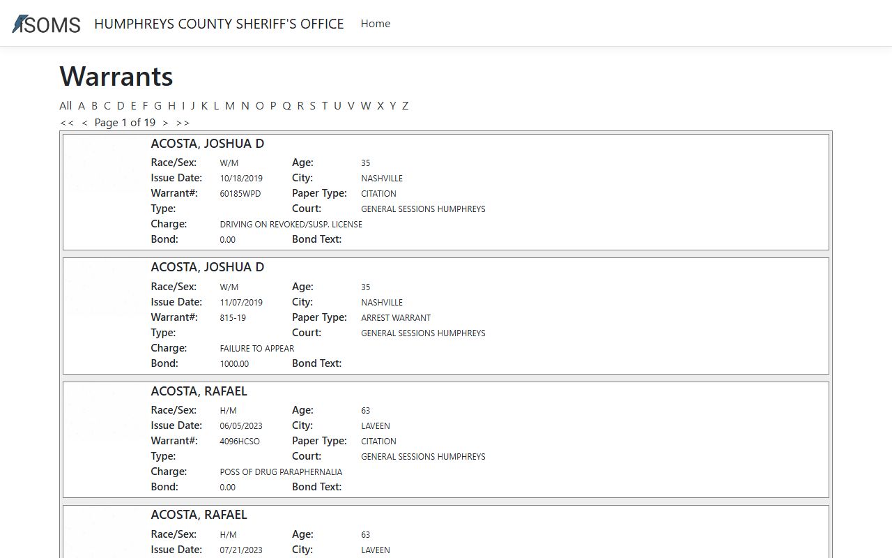 Humphreys County Sheriff warrant search portal