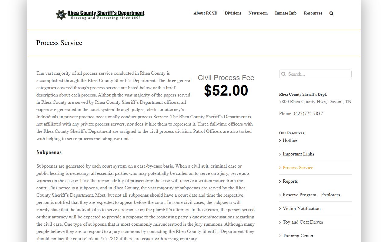 Rhea County process service information for bench warrants